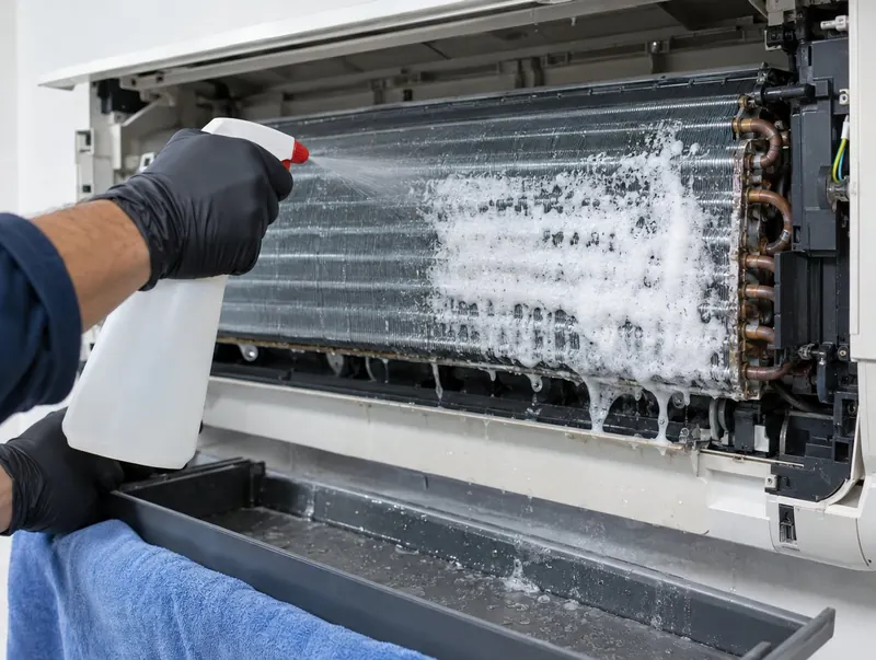Foaming coil cleaner being sprayed onto an indoor unit heat exchanger