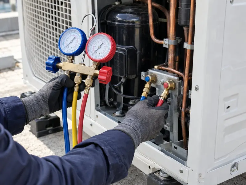 Engineer connecting refrigerant gauges to the service valves of an outdoor unit