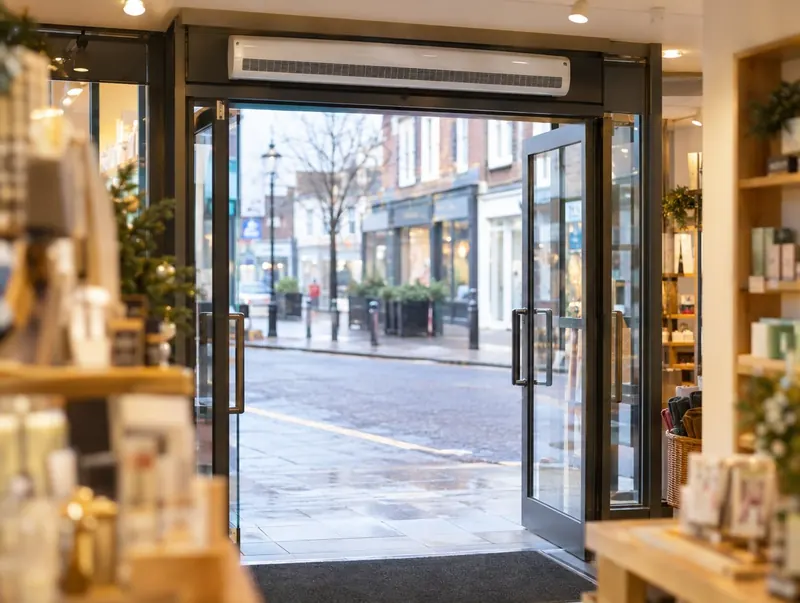 Air curtain above the open glazed entrance of a high street shop