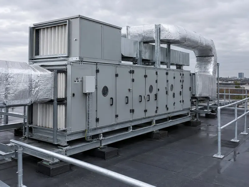 Modular air handling unit with filters and insulated ductwork on a commercial roof