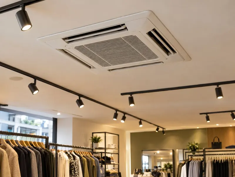Four-way ceiling cassette air conditioning unit in a clothing shop ceiling