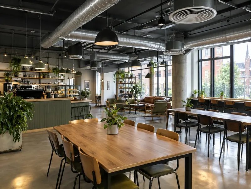 Café and co-working space with exposed spiral ventilation ductwork and round diffusers