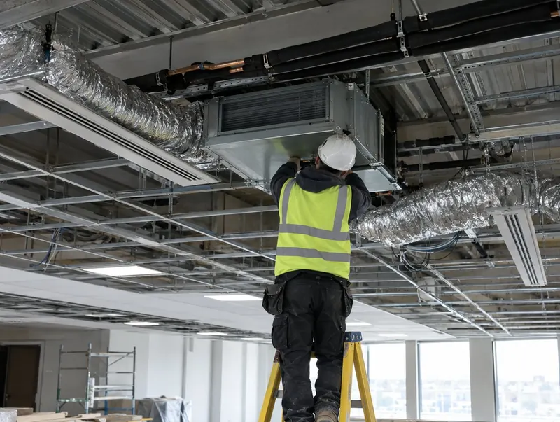Engineer fitting a concealed ducted air conditioning unit above an open ceiling with slot diffusers