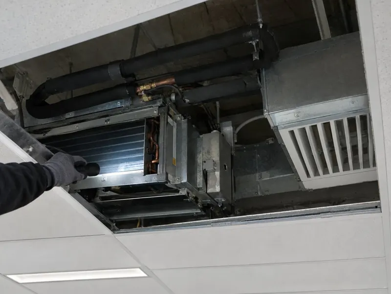 Fan coil unit visible through an open ceiling tile, with an engineer's torch