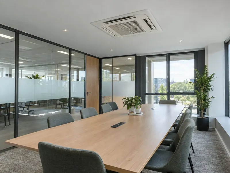 Glass-walled meeting room with a ceiling cassette air conditioning unit above the table