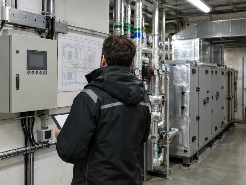 Assessor with a clipboard looking at an air conditioning control panel in a plant room