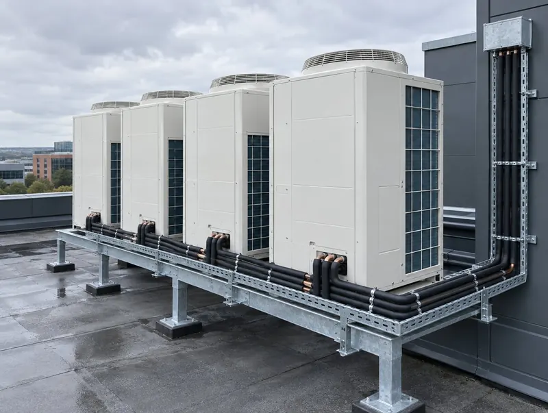 Bank of VRF outdoor units on a steel platform with insulated refrigerant pipework